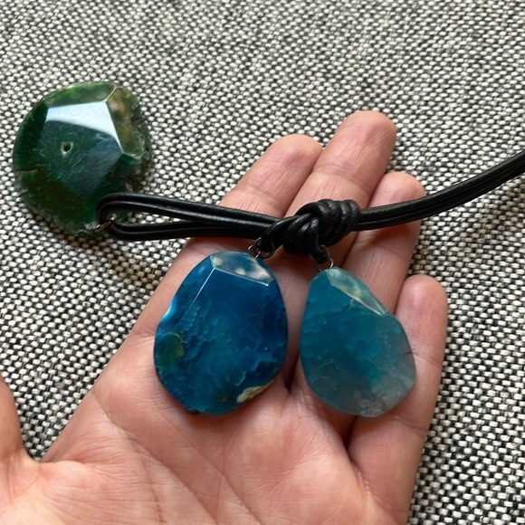 Handmade Blue and Green Stone Necklace with brown cord , Made in Athens, Greece - Picture 16 of 17